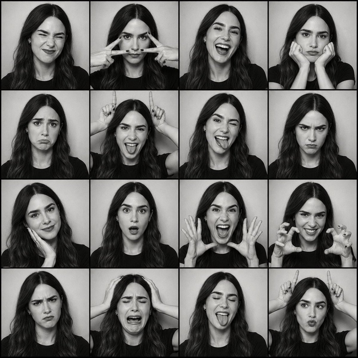 16 Expression Photobooth Grid in Black and White — AI result, variation 2 of 2