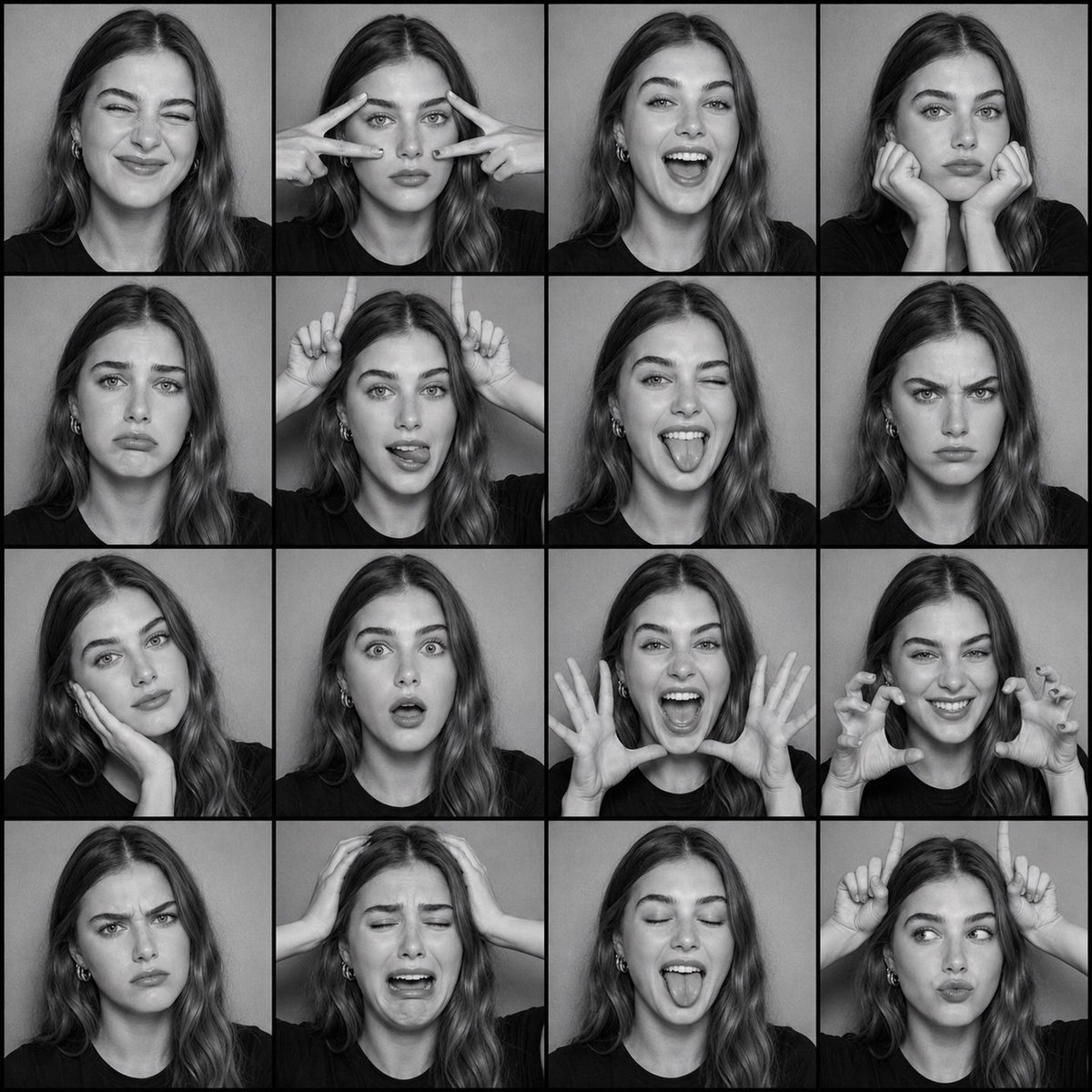 A single photo becomes a tidy black-and-white contact sheet of sixteen frames, each showing a different expression from a goofy grin to a dramatic cry. The…