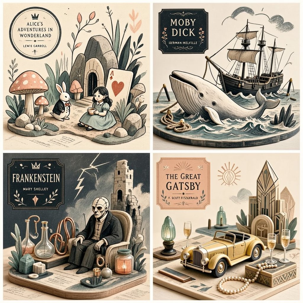 Four famous books appear in a clean 2x2 grid, each drawn as a grainy line sketch fused with soft pastel tabletop miniatures. A limited palette, sparse negative…