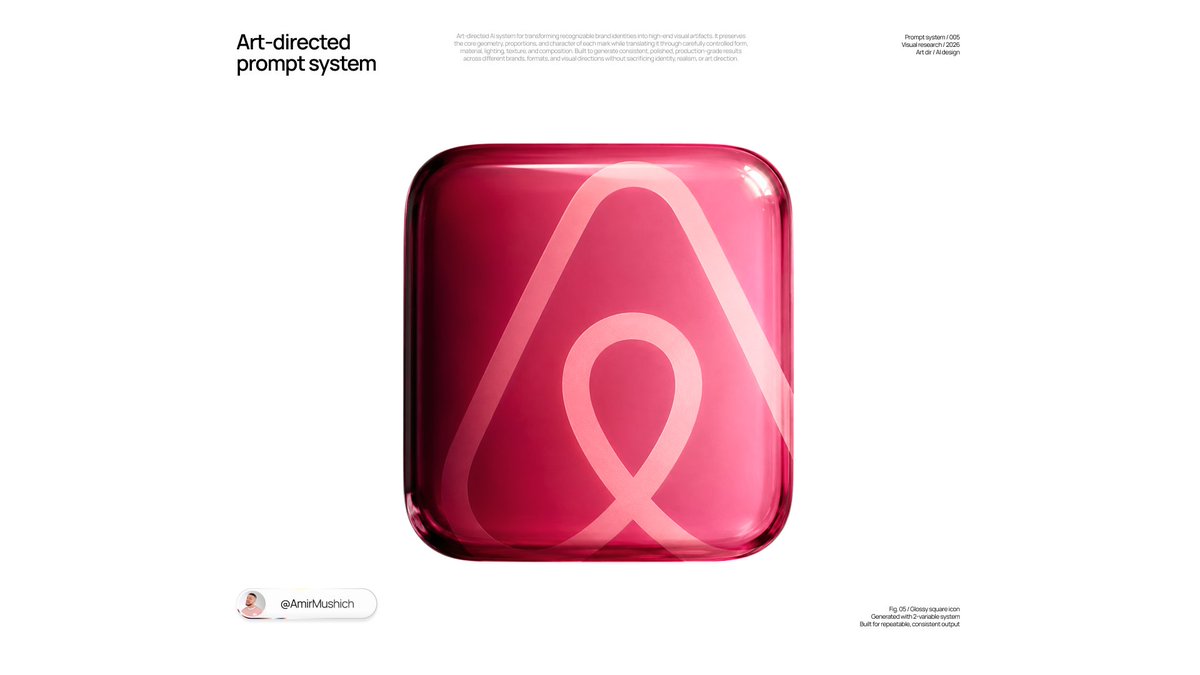 A brand symbol sits inside a single slab of pink tinted glass, lit from the upper right so the color deepens toward the lower left. The pale internal mark…