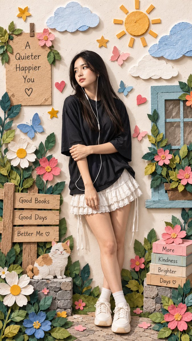 A full-body portrait of a smiling woman standing in a layered paper garden of oversized flowers, clouds and butterflies. Every element looks hand-cut and…