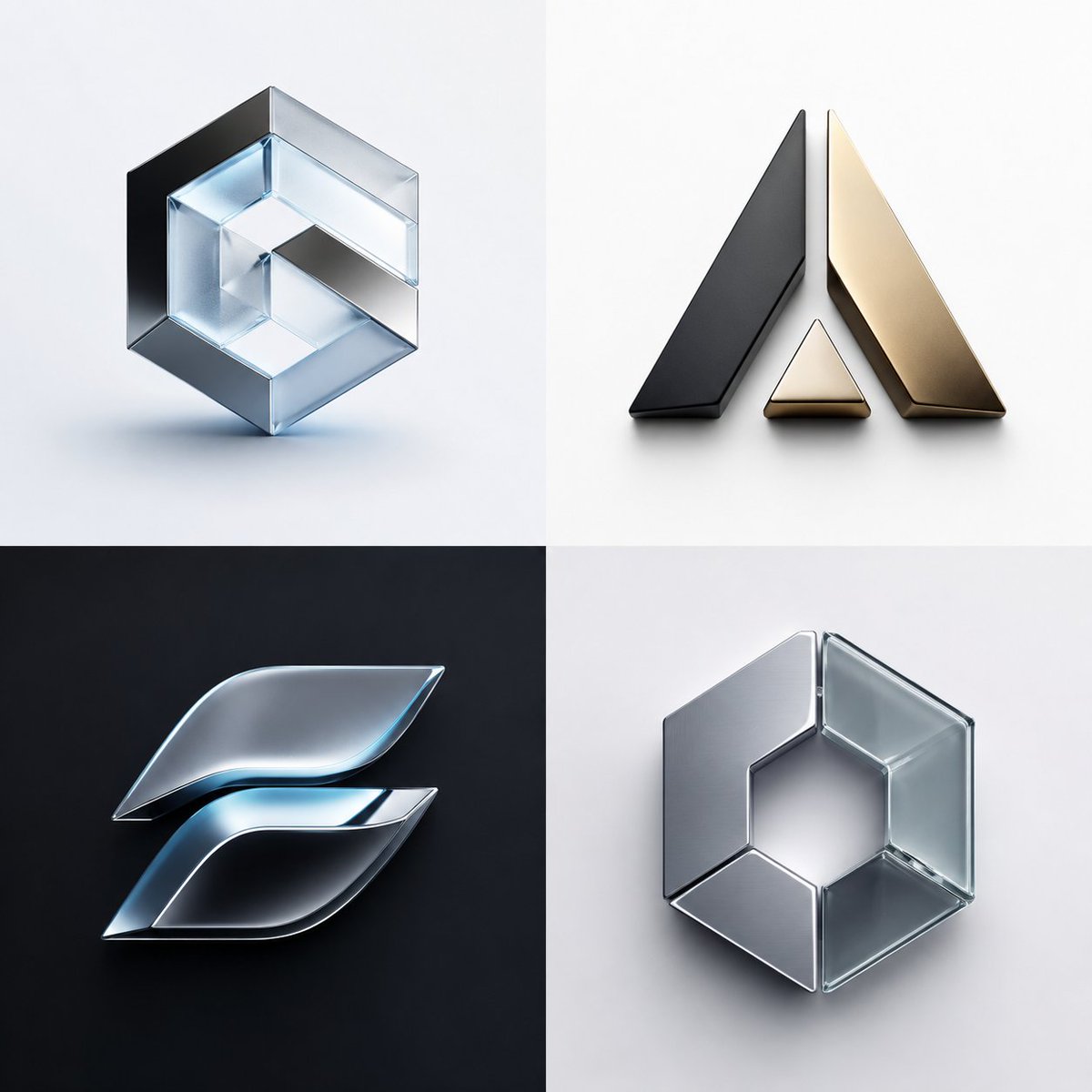 A square, isolated logo built from abstract 3D forms that mix frosted glass, polished chrome, and matte finishes. The clean background keeps the mark sharp and…
