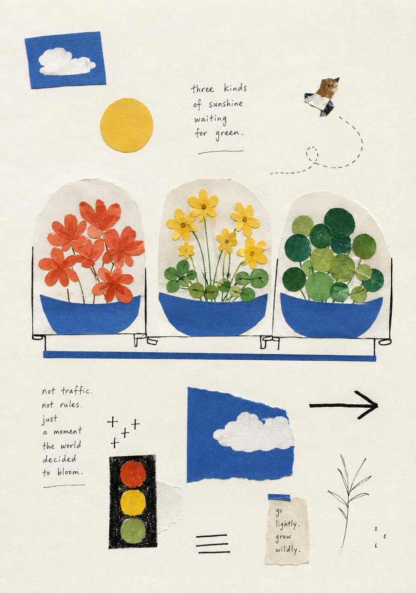 A reference photo is reread as a small set of hand-cut symbols, loose shapes and handwritten fragments scattered across open paper. The result feels like a…