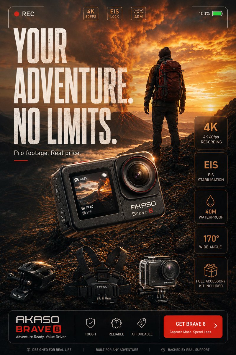 Action Camera Ad Poster Series with Cinematic Adventure Scenes — AI result, variation 4 of 4