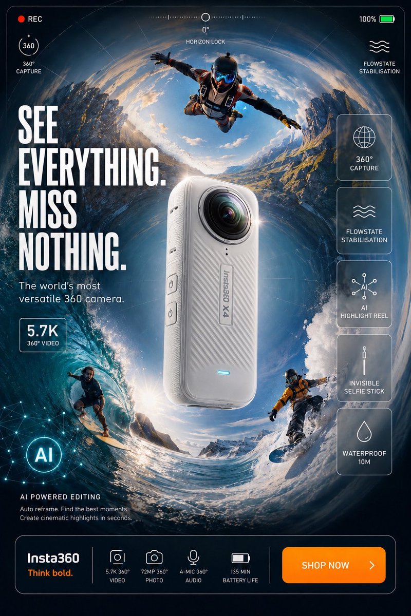 Four vertical posters pair a floating action camera with a dramatic outdoor scene, from a biker mid-jump to a surfer and skydiver stitched into one panorama.…