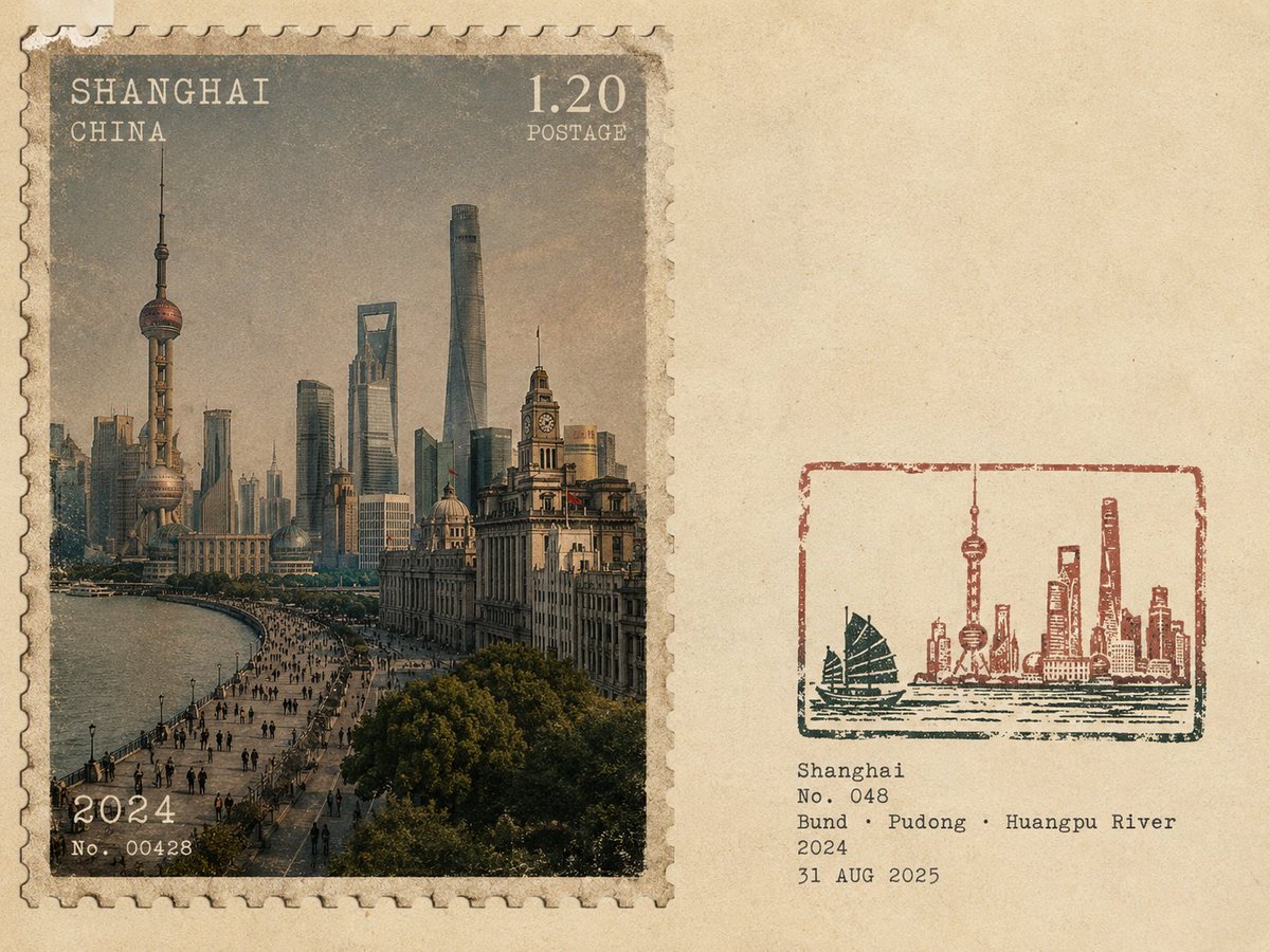 A realistic photographic destination shown as a worn postal stamp on the left, balanced by a small hand-inked mark and typed notes on warm paper. The two…