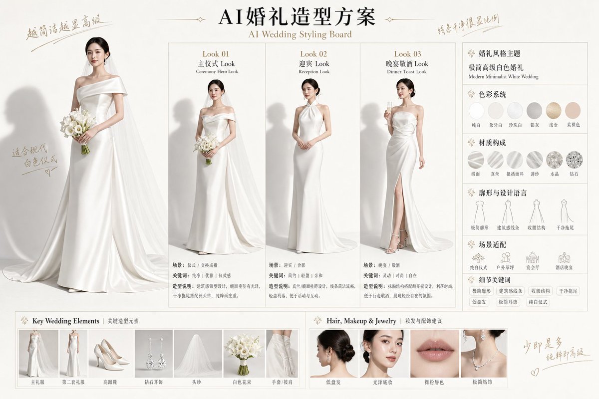 A horizontal styling board with a hero look, three scene-based outfits, a color palette, material swatches and occasion notes, laid out like a fashion-magazine…