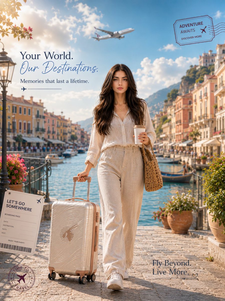 Airline Campaign Traveler Poster With Coffee and Suitcase — AI result, variation 2 of 2