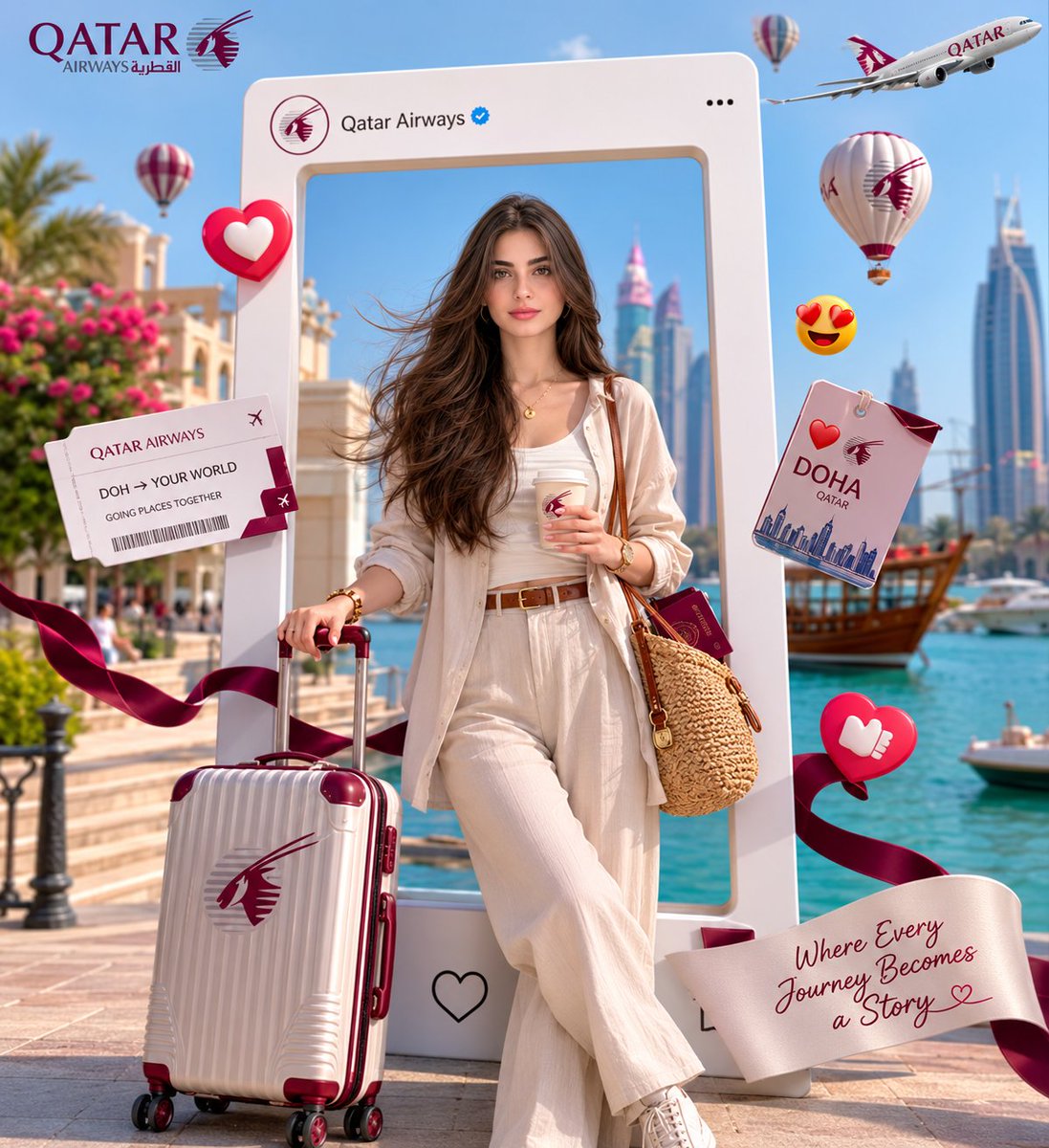 A full-body traveler strolls toward the camera through a sunlit coastal city, rolling a branded suitcase with a coffee in hand. The social-media frame behind…