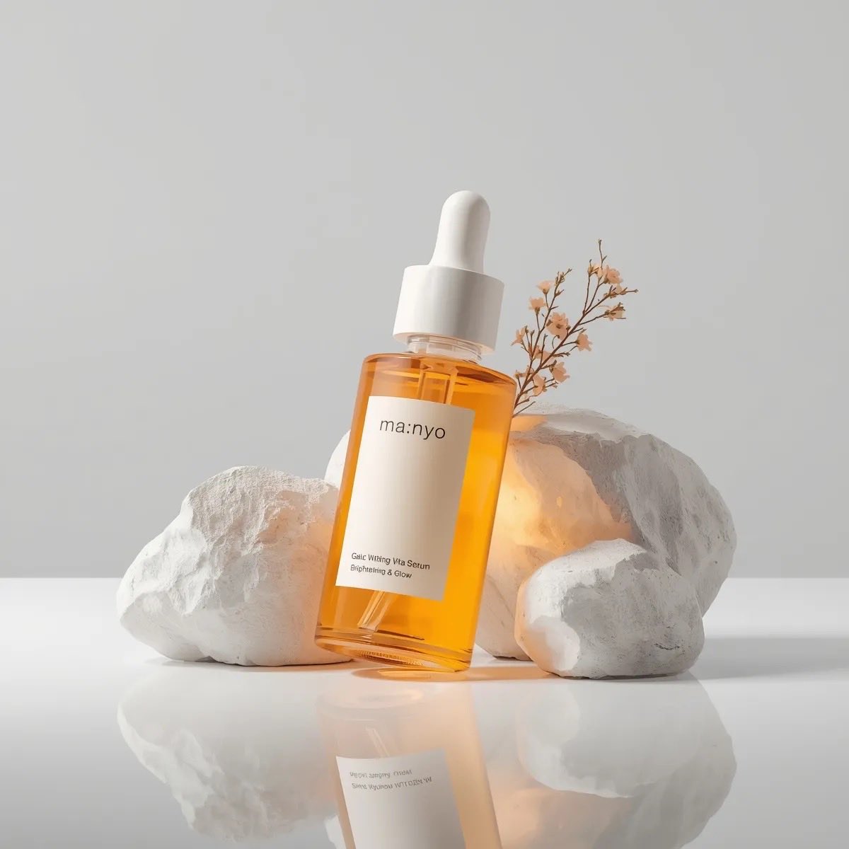 Amber Serum Bottle Among White Stones Product Photo — AI result, variation 3 of 4