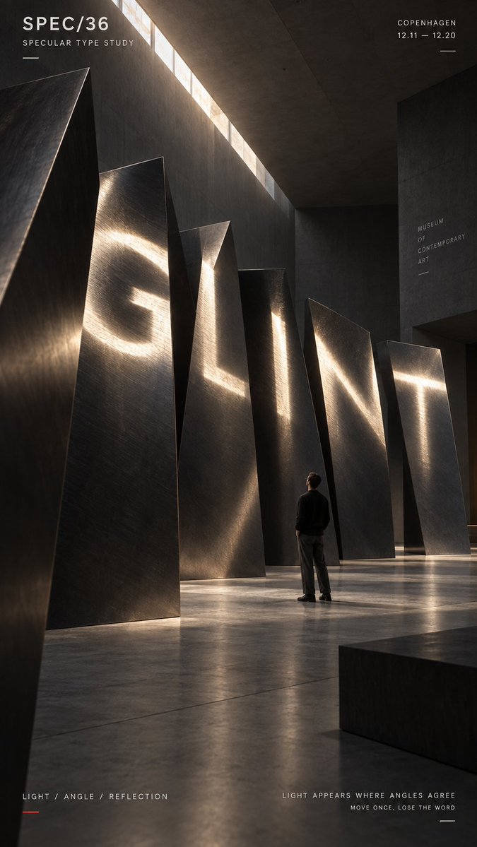 A vertical poster in which a large word only resolves when the reflective surfaces line up from one exact viewpoint. From other angles the letters scatter into…