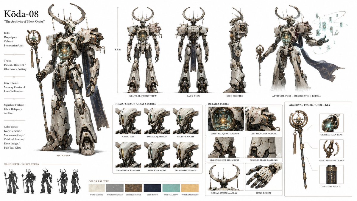 A towering, elegant mecha stands in a silent orbital ruin, its crescent antenna and layered ceramic-like plates catching cold starlight. The painterly sci-fi…