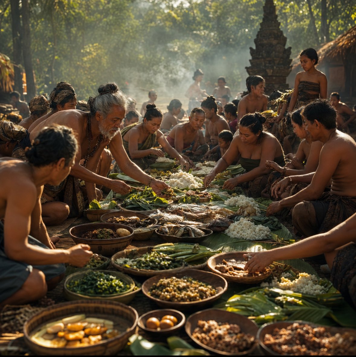 Ancient Javanese Feast Spread on Banana Leaves — AI result, variation 2 of 2