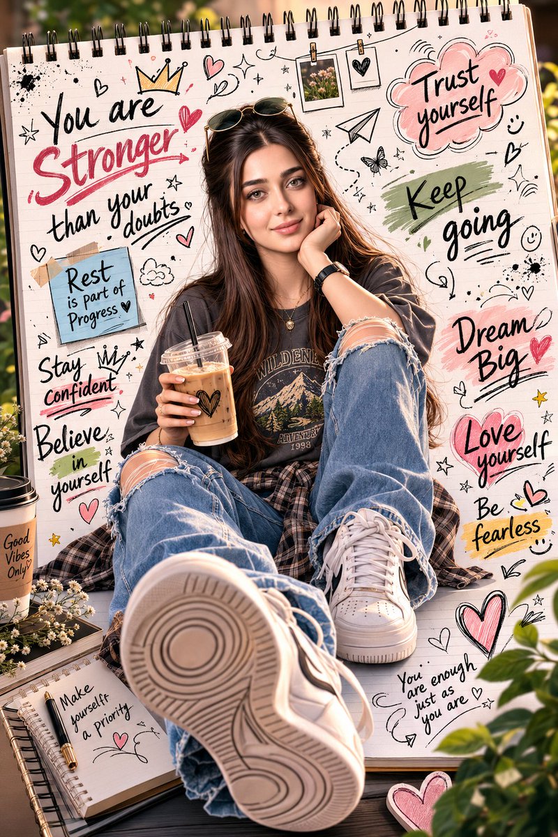 A full-body anime-style young woman sits on a spiral notebook page, one leg reaching toward the viewer in forced perspective. Hand-drawn stars, arrows and…