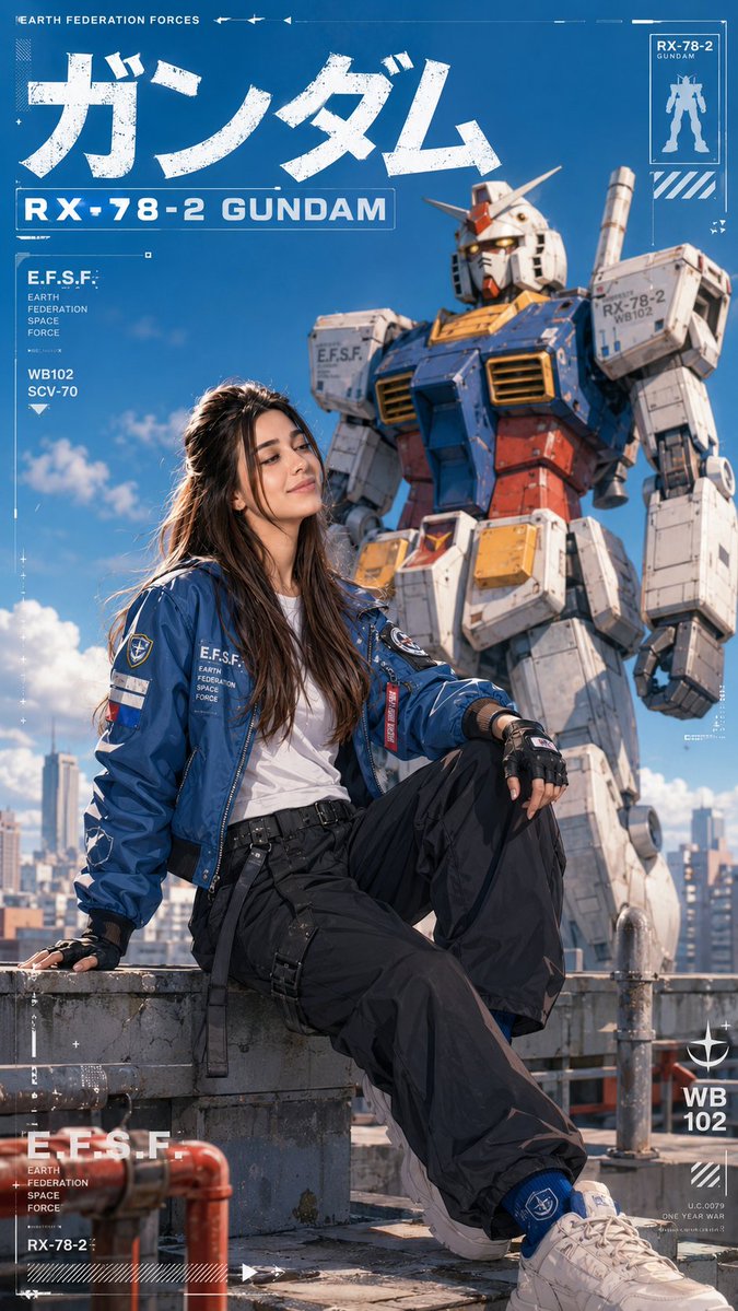Anime Rooftop Fashion Shot With Giant Gundam — AI result, variation 2 of 2
