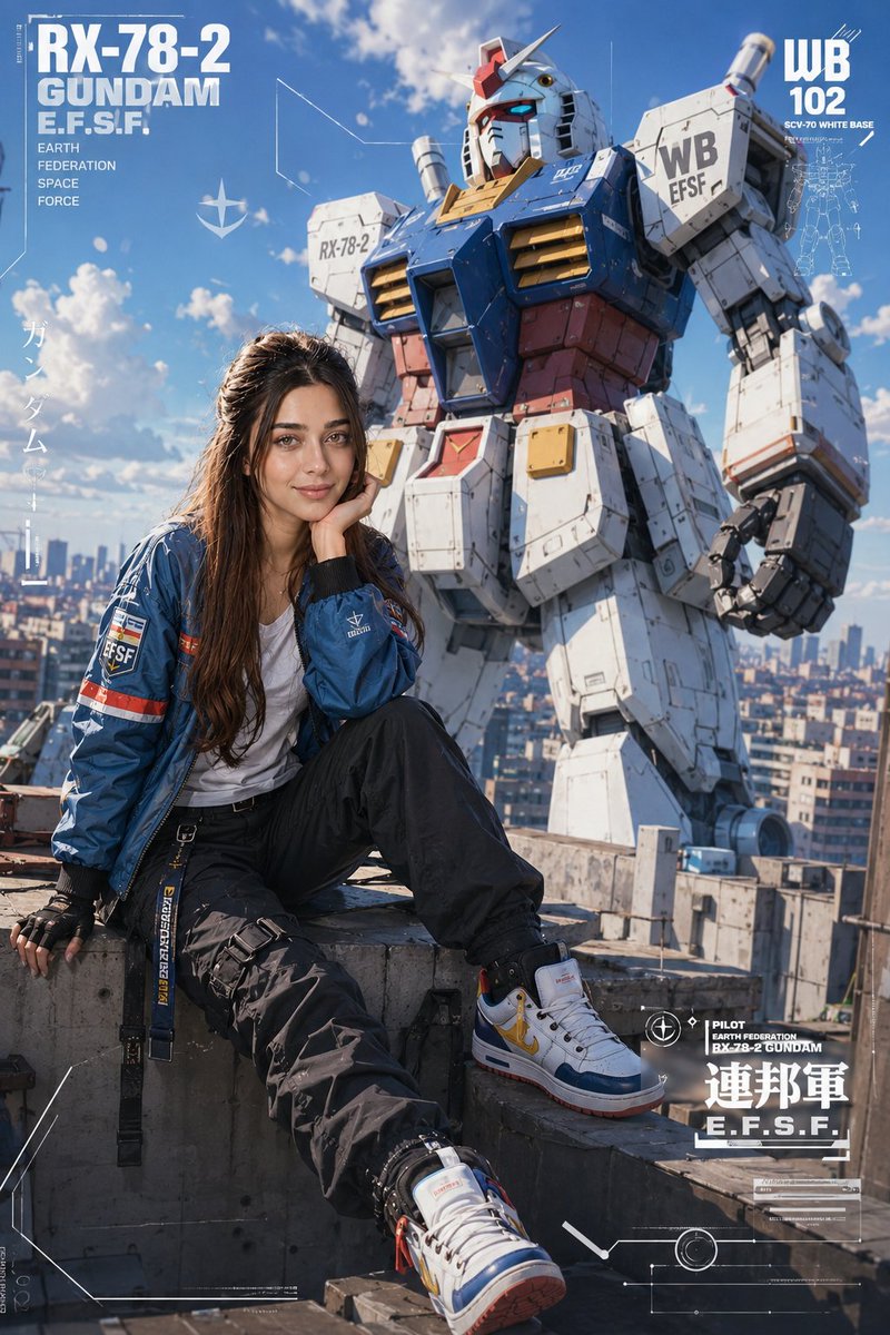 A full-body anime-style portrait of a young woman sitting on a sunlit rooftop ledge, with a towering RX-78-2 Gundam rising behind her. Blue HUD overlays and…