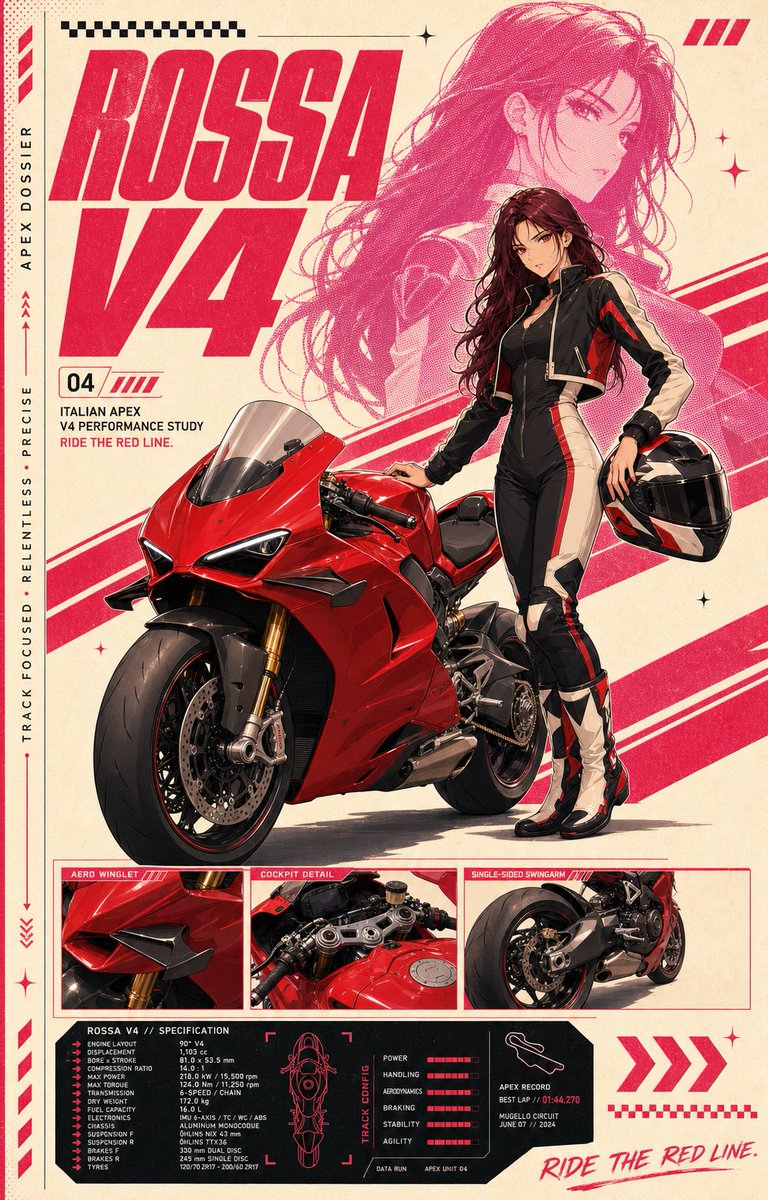 A fake spec-sheet poster pairing a glossy superbike with a clean cel-shaded anime rider on warm cream paper. Magenta halftone dots, checkered strips and a…