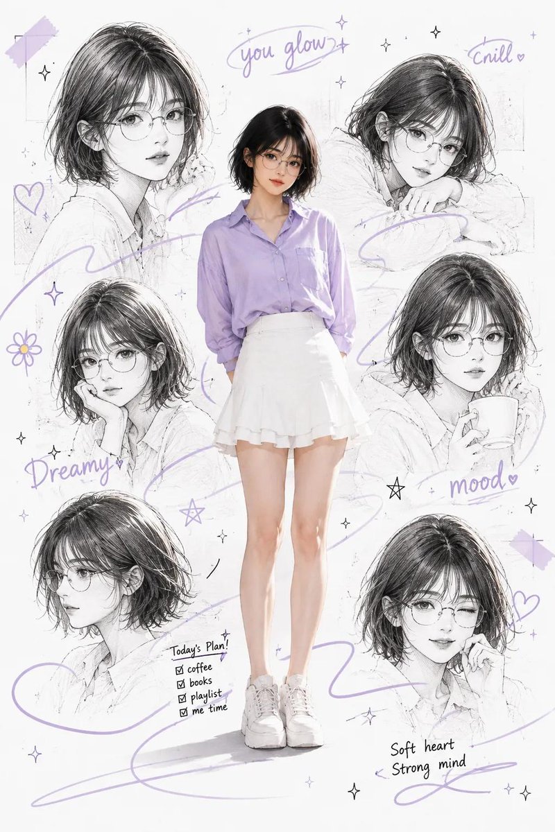 Anime Woman in Lavender Shirt Over Sketch Collage — AI result, variation 2 of 2