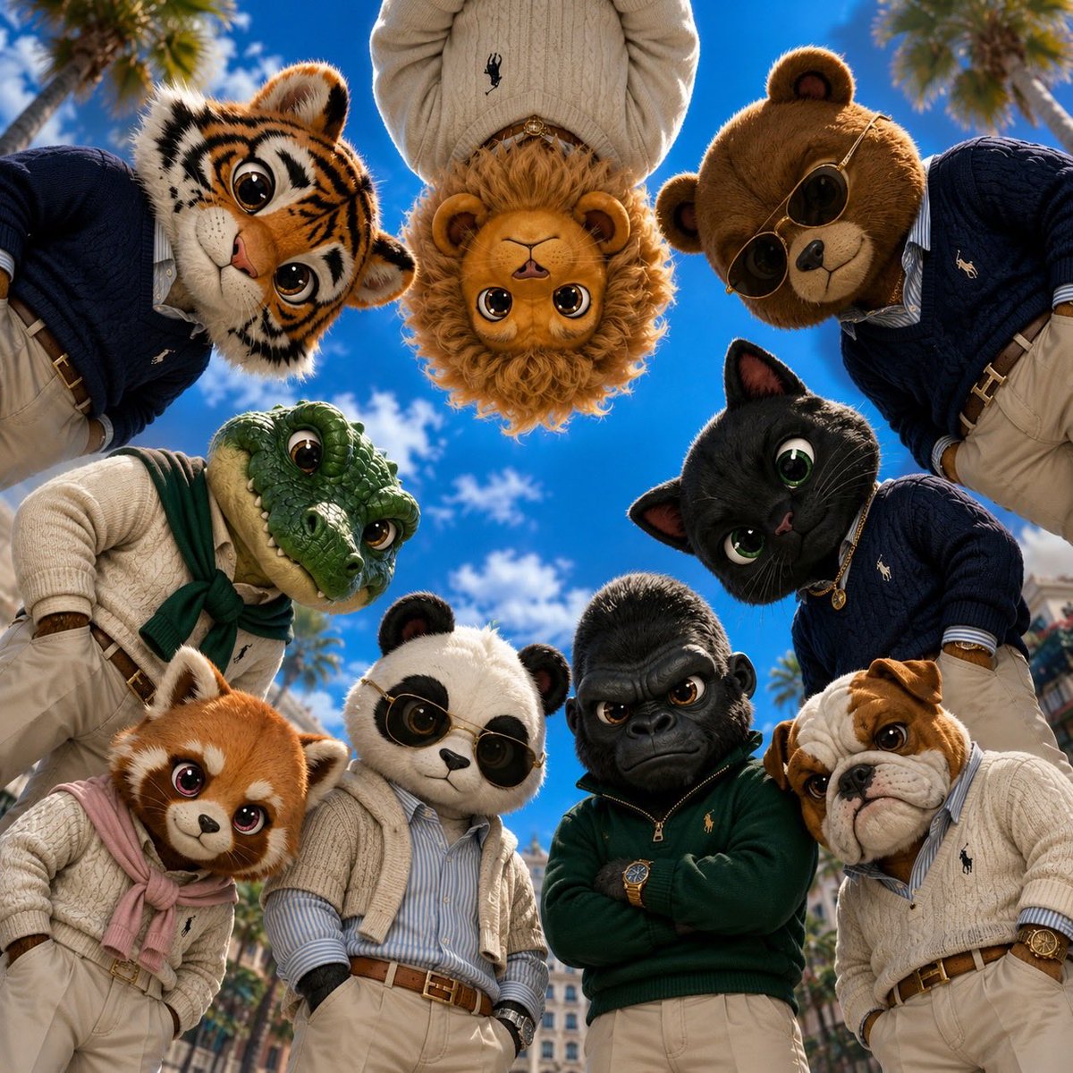 A circle of cute animal characters in trendy outfits looks down into the lens, bent into a wide curved frame. The fisheye distortion and glossy Pixar-style fur…