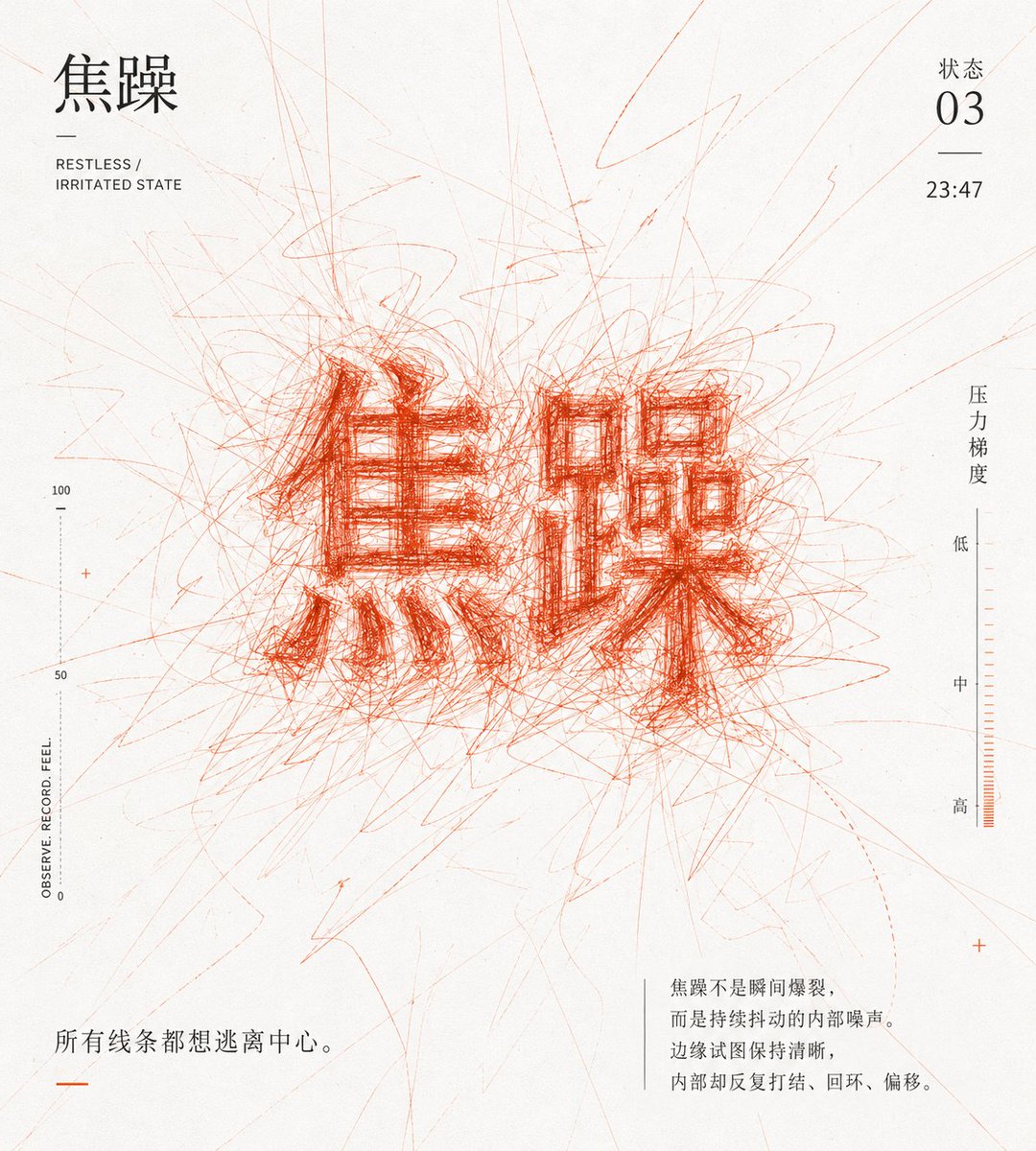 A vertical poster where a central figure is built from dense, trembling loops and repeated strokes that thin out toward the edges. Restrained editorial…