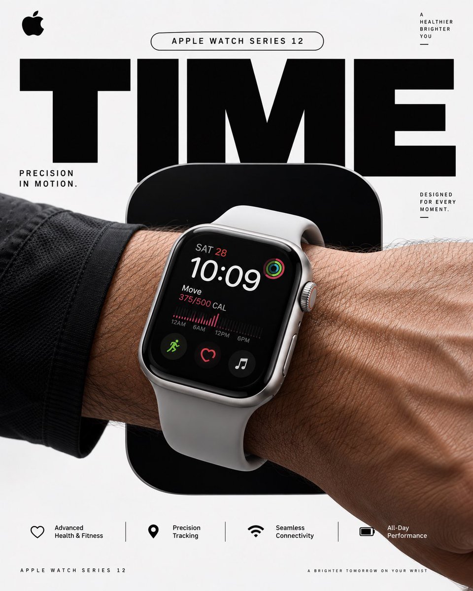A vertical studio poster where an Apple Watch sits over a large graphite rounded rectangle and an oversized cropped TIME headline. The layout reads like Swiss…