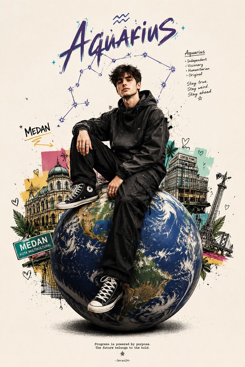 A figure sits casually on a glossy 3D Earth globe beneath a bold Aquarius constellation, with minimalist city doodles rising from the sphere. Clean background…