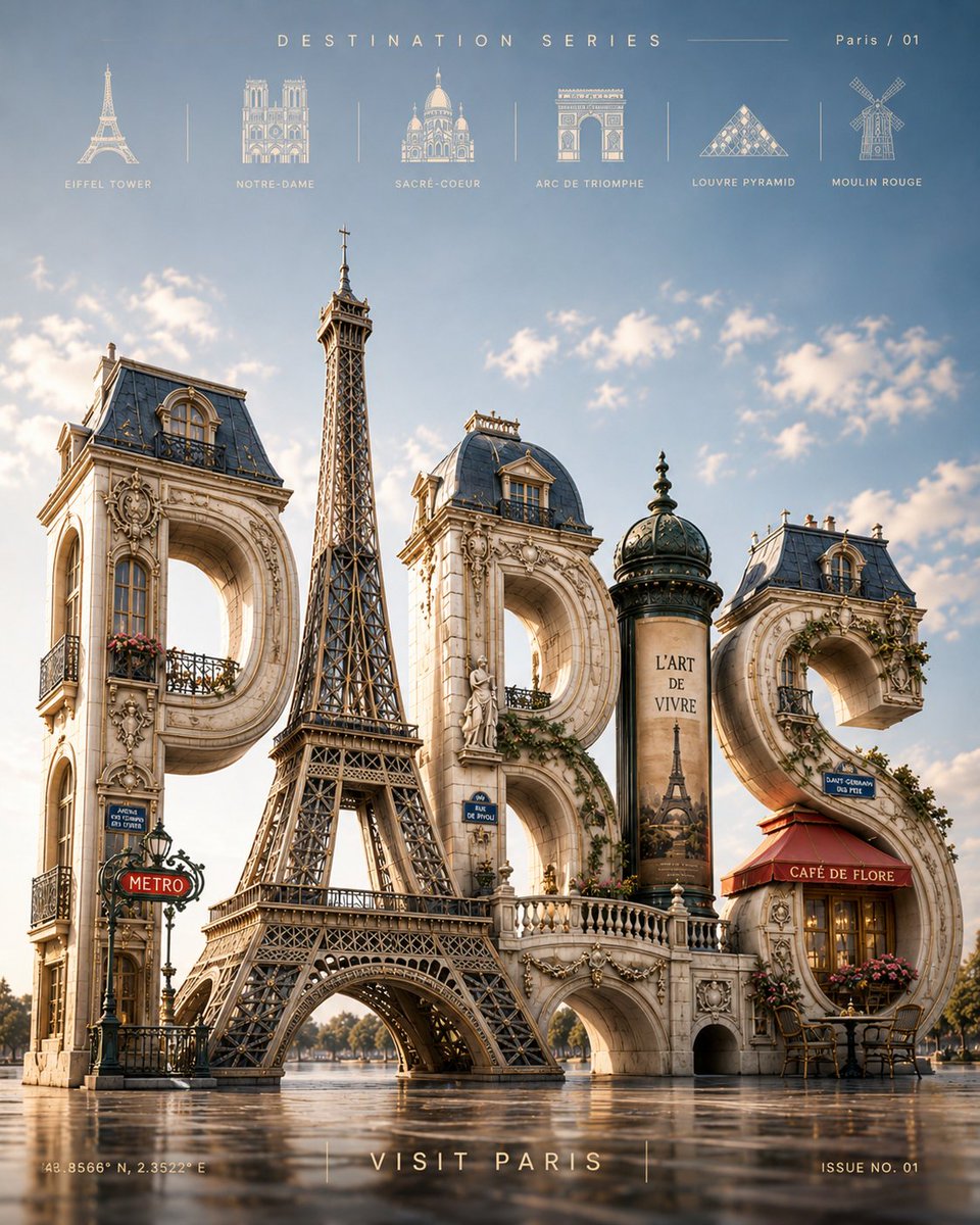 A monumental three-dimensional city name, with each letter built from landmarks, towers, bridges and domes, set in bright daylight over a clean sky. It reads…