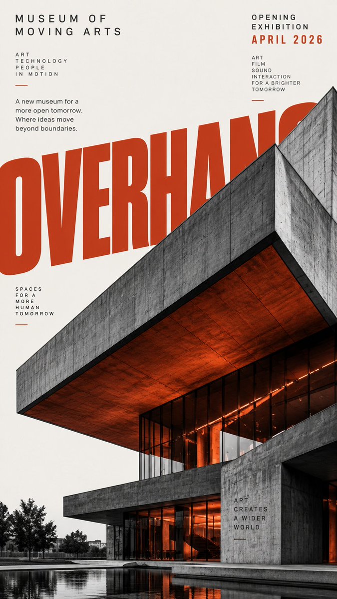 A tall poster where a large monochrome building fills the frame and oversized sans-serif letters cut across its geometry. A single accent colour appears only…