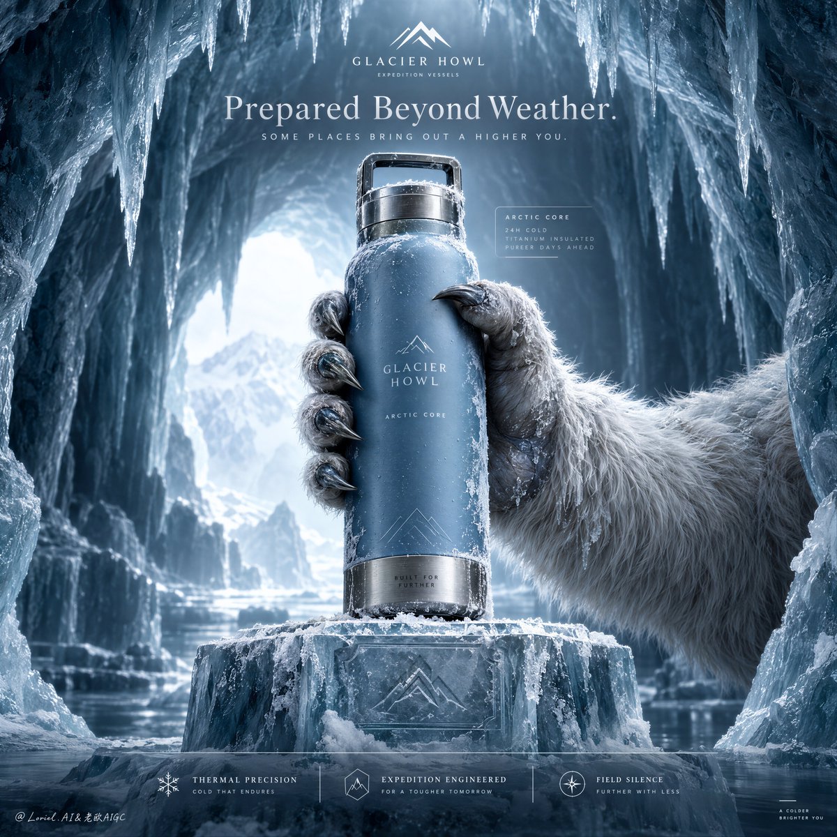 A vertical luxury ad where a matte glacier-blue insulated bottle is held upright by a frost-covered polar beast paw inside a glacial cathedral of icicles.…