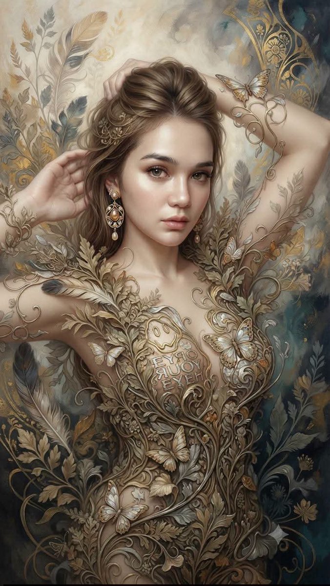 Art Nouveau Fantasy Portrait with Feathers and Botanicals — AI result, variation 2 of 3