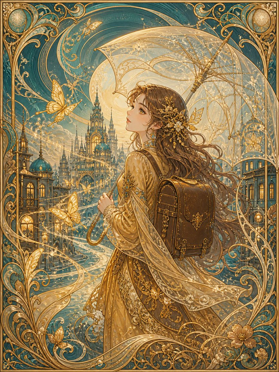 A long-haired woman in a flowing golden dress stands in a dreamy city filled with butterflies and shafts of light. Wavy decorative patterns and fine gold…