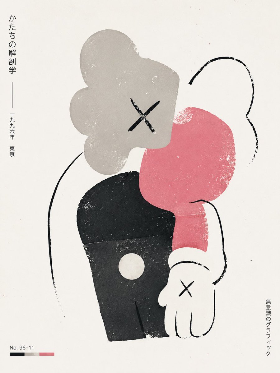 Flat, abstract color blocks break a beloved art-toy character into playful, deformed shapes on clean white. Silk-screen grain and open negative space give it a…