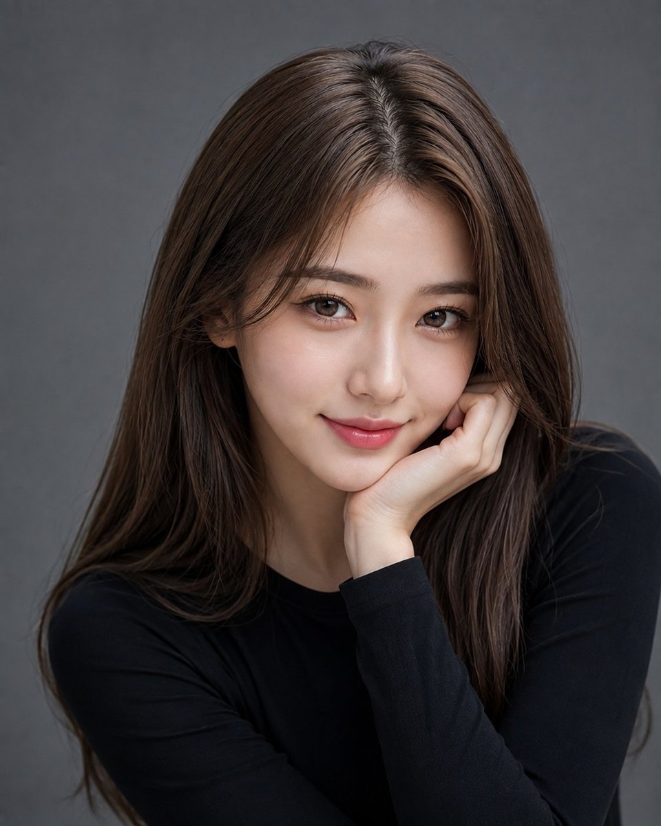 A close, direct-gaze studio portrait with porcelain skin, visible pores and a faint mischievous smile against a cool gray backdrop. The soft frontal light and…