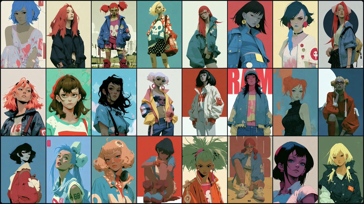 A character study board with one large hero figure, supporting poses, silhouettes and expression sheets arranged with wide empty space. Everything stays on a…