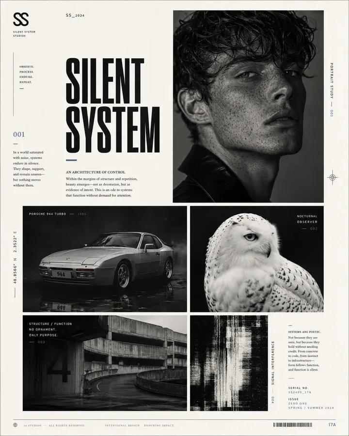 A refined off-white page built from a loose modular grid of four photo blocks, mostly black with small pops of colour. Thin rules, tiny serial numbers and…