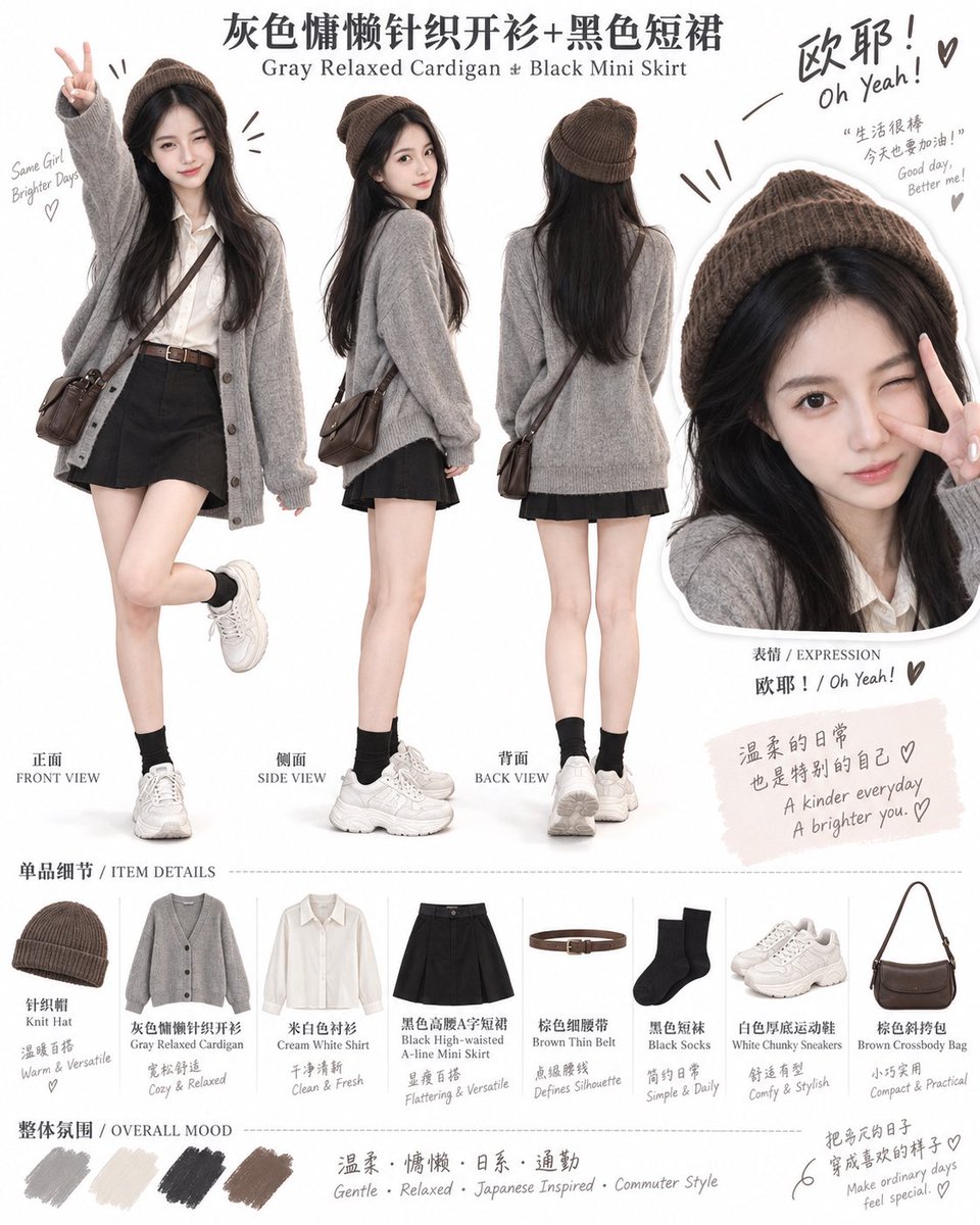 A single model appears in front, side and back views on a clean white page, with close-up expression stickers and labeled clothing details. The layout reads…