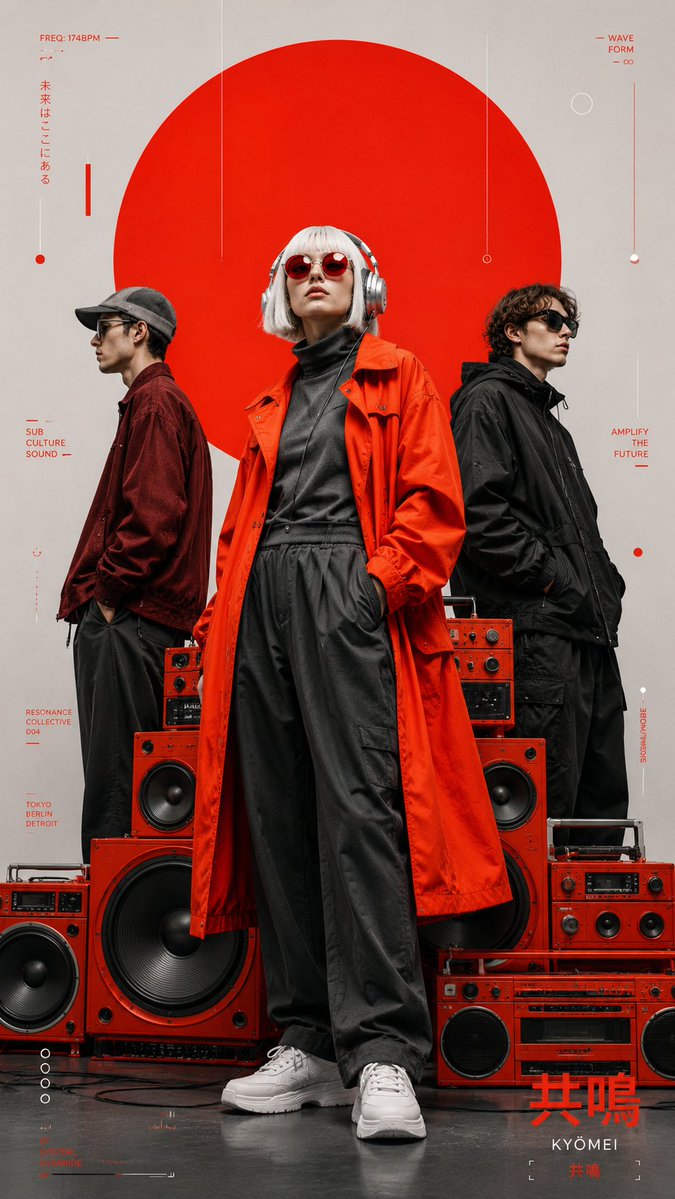 Three models in trench coats, sunglasses and headphones stand against a light grey wall with a huge solid red circle behind them. Stacked orange-red speaker…