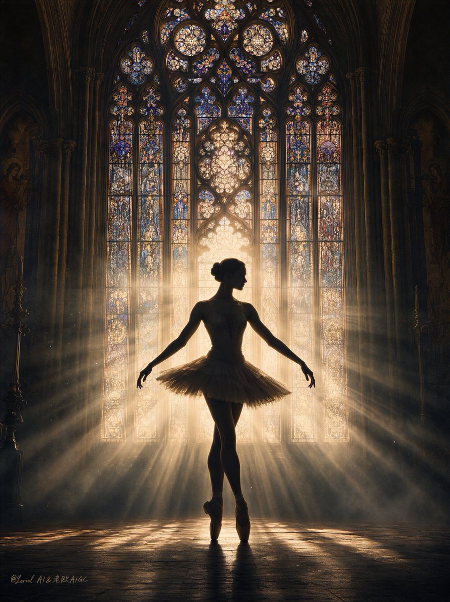 A solitary ballet dancer stands in soft shadow before a towering stained-glass window, her outline lit only at the edges by beams of gold and jewel-toned…