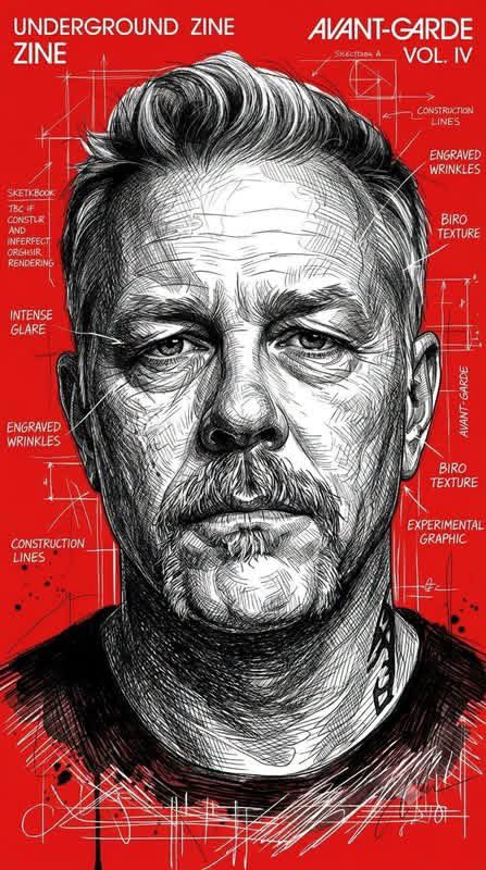 Ballpoint Cross-Hatch Portrait on Red Zine Cover — AI result, variation 2 of 2