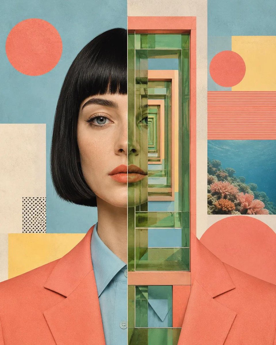 A photorealistic waist-up portrait sits at the center of a flat, geometric collage in coral, teal and sand tones. A narrow strip splits the face into a surreal…