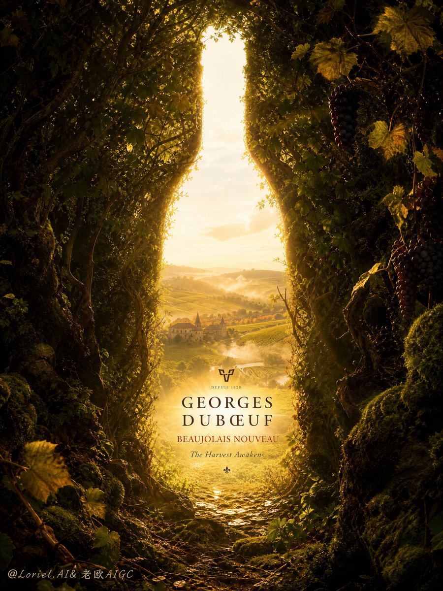 Dark French woodland shapes a tall bottle-shaped opening, and through it a golden Beaujolais vineyard glows in mist. The wine's birthplace becomes the hero of…