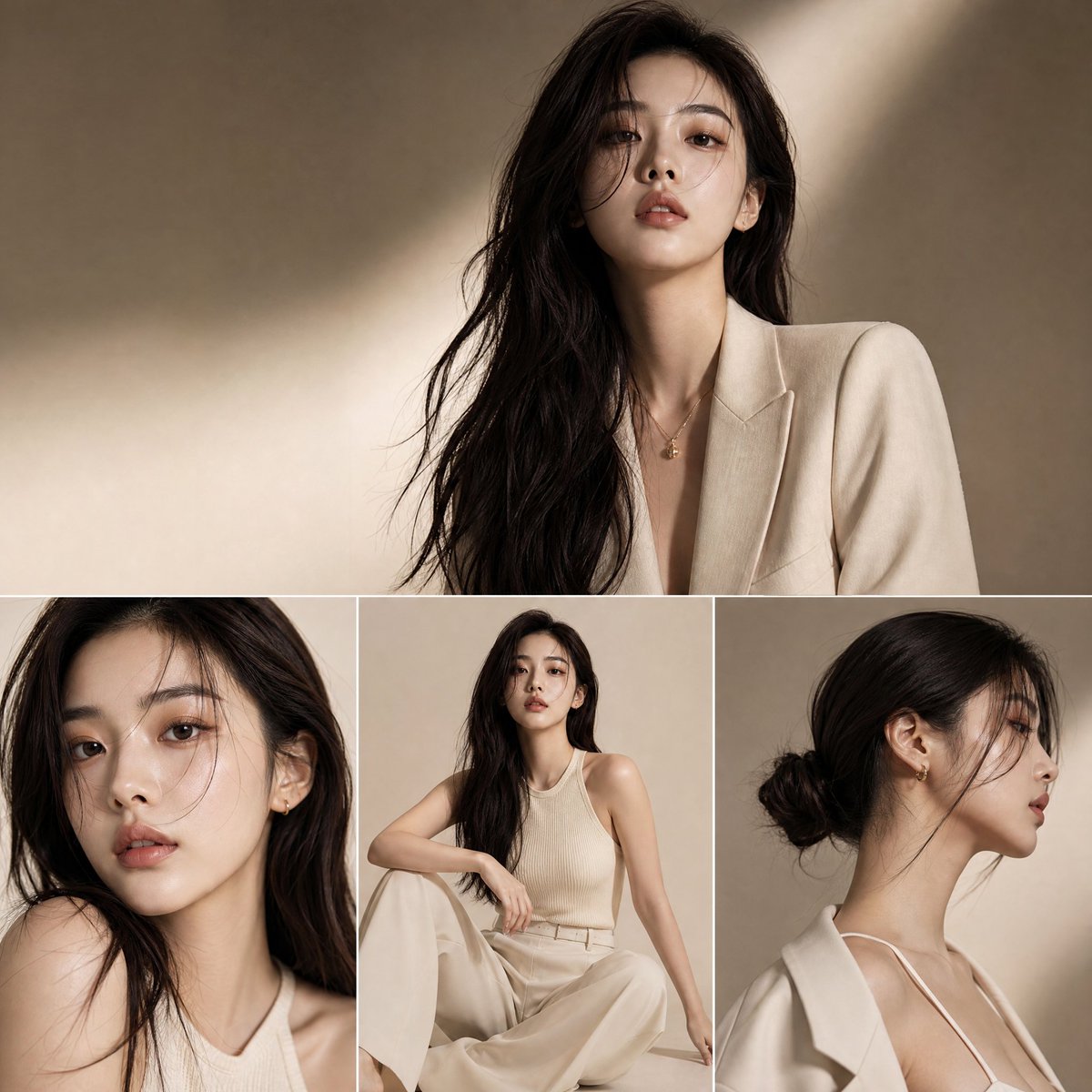 A vertical magazine-style collage in soft beige and ivory, with one large dramatic portrait above and three smaller frames below showing a close-up, a seated…