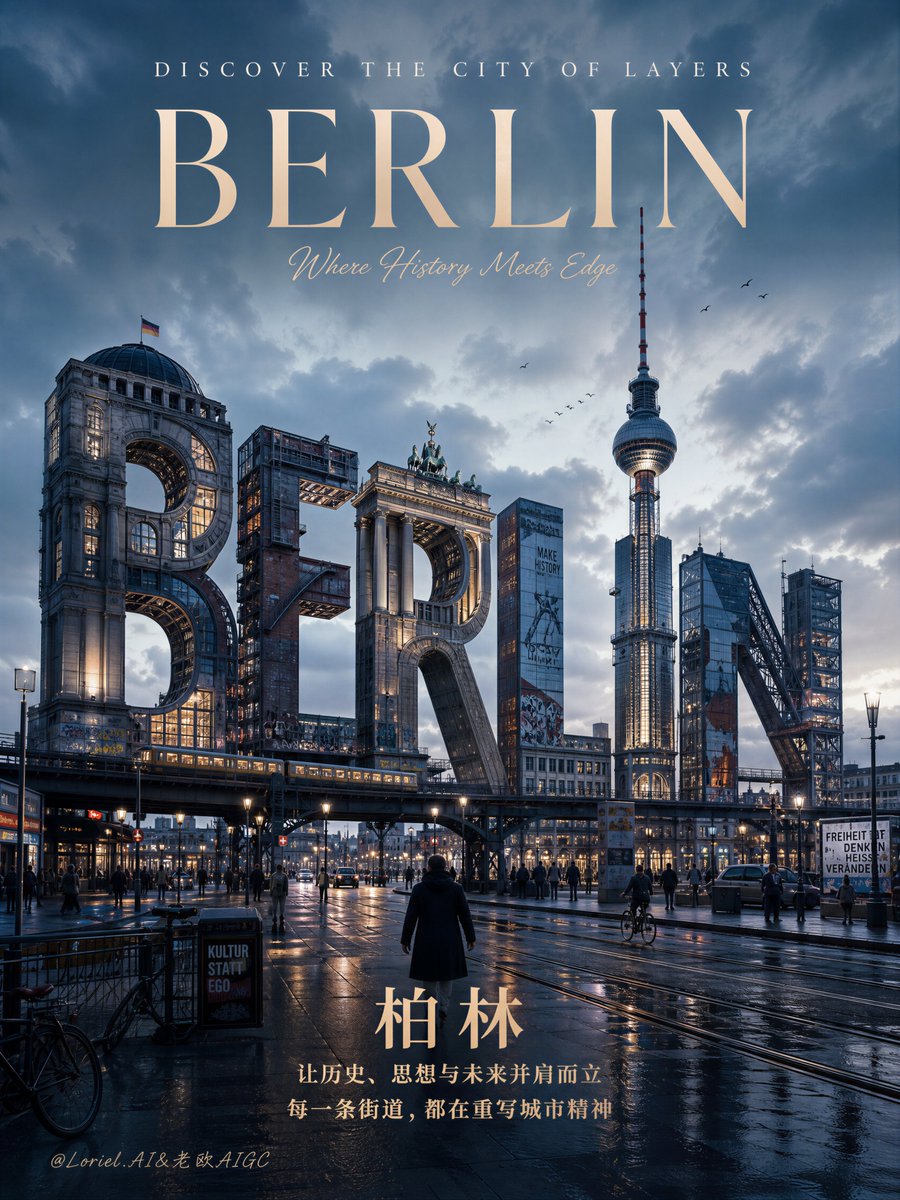 A cinematic tourism poster where the word BERLIN rises as giant letters, each one assembled from landmarks, brick facades, rail lines and bridges. Wet pavement…