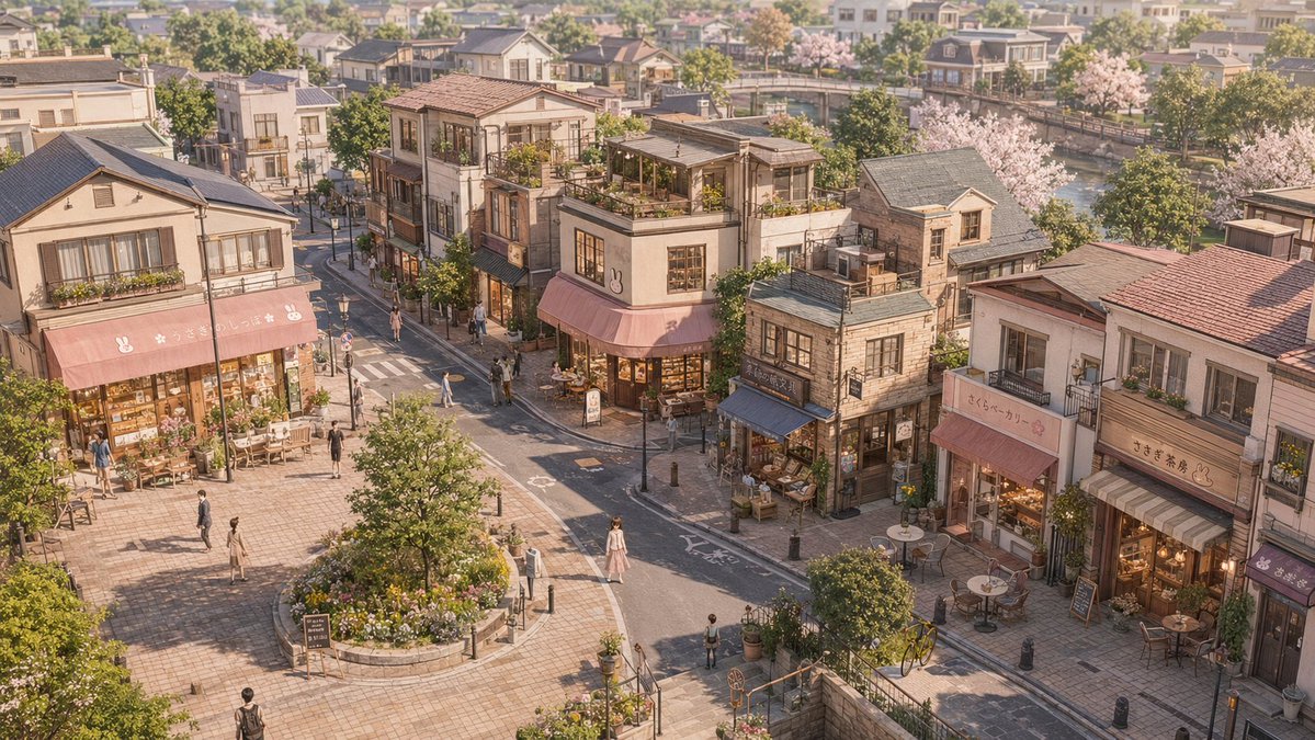 A wide, elevated view of a lived-in town, rendered like a high-resolution 3D world, with one small figure standing quietly among streets, rooftops and open…