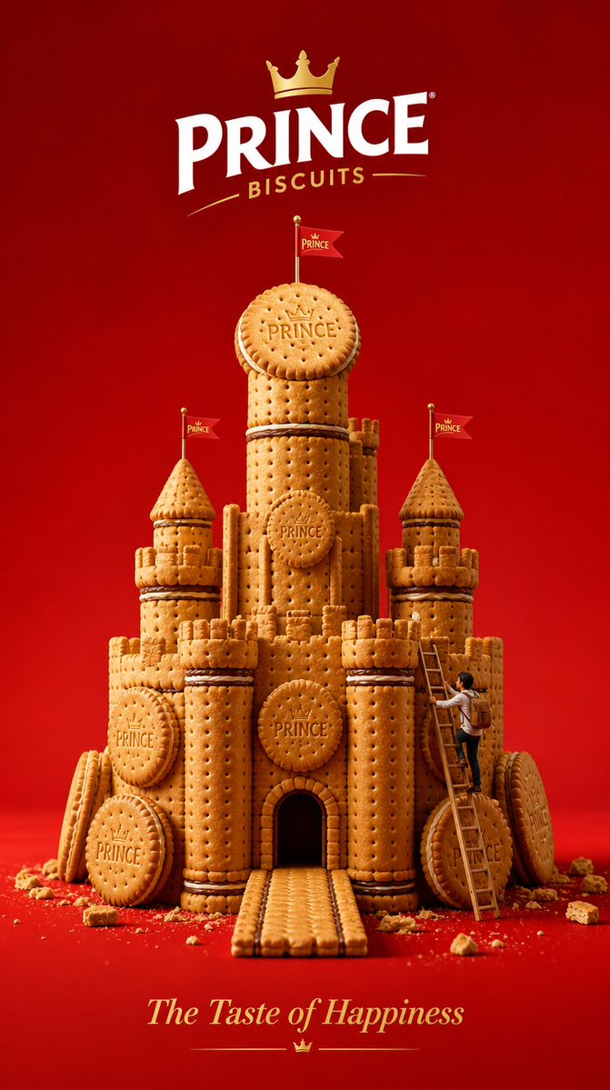 A tall red and golden poster shows a towering castle built from Prince biscuits, with a tiny figure climbing a ladder up its towers. The scale joke makes the…