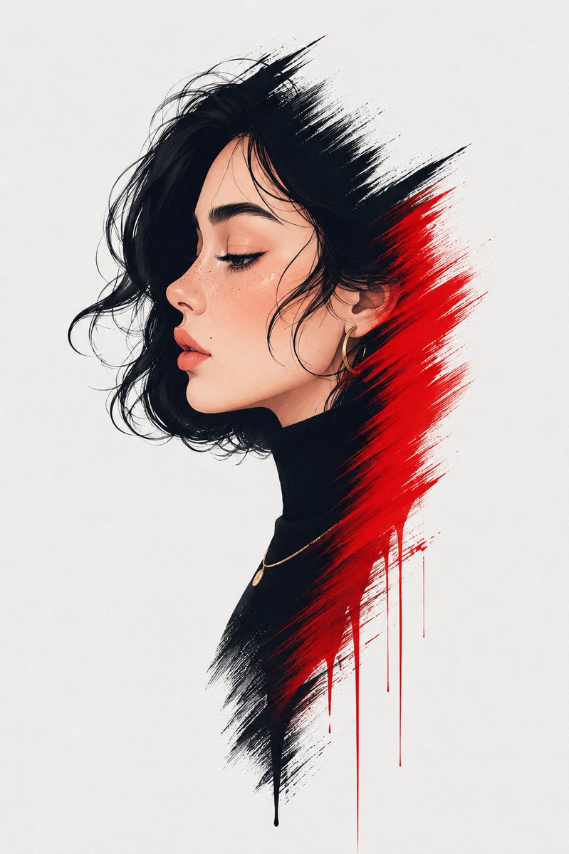 A side-profile portrait of a woman dissolves into bold black and deep red brushwork, with paint splatter and drips falling across an open white field. The…