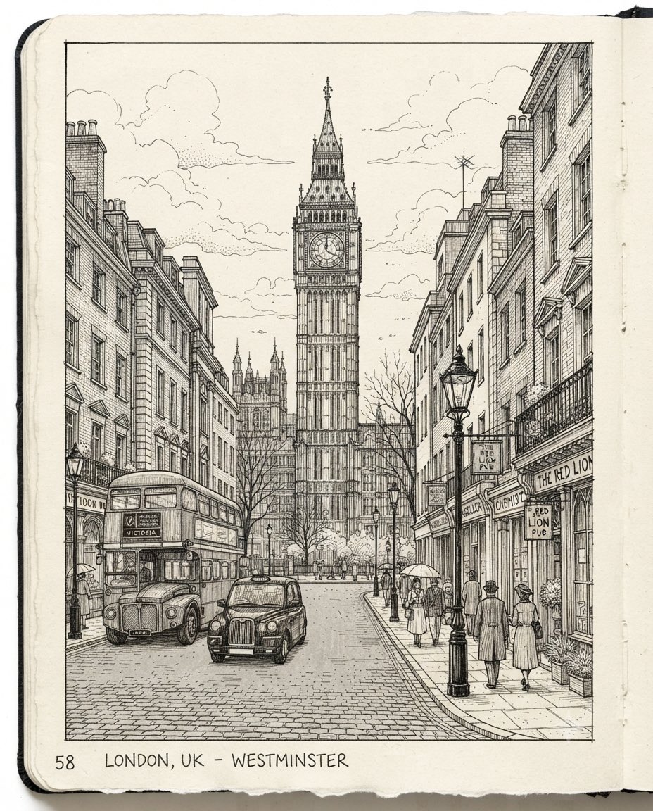 Black and White Architectural Street Sketch Prompt — AI result, variation 2 of 4