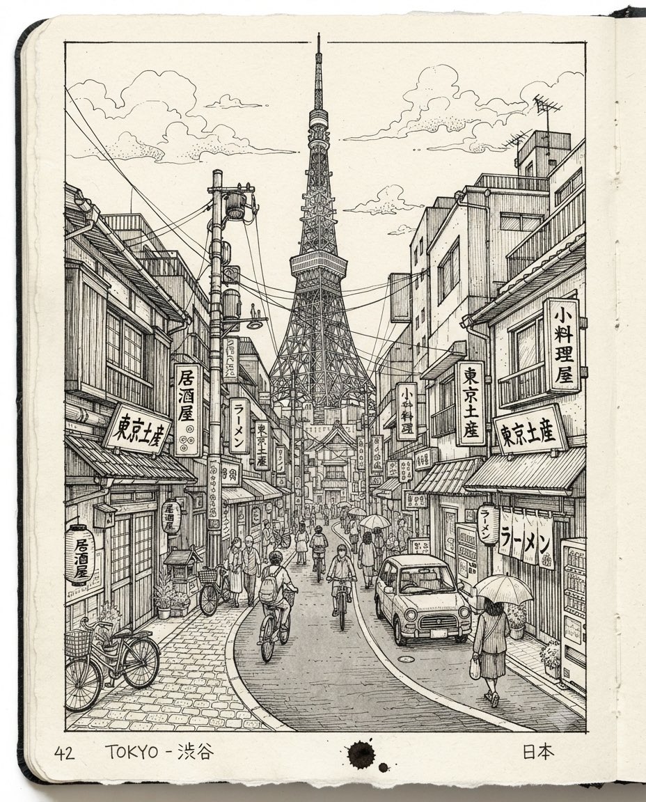 Black and White Architectural Street Sketch Prompt — AI result, variation 4 of 4