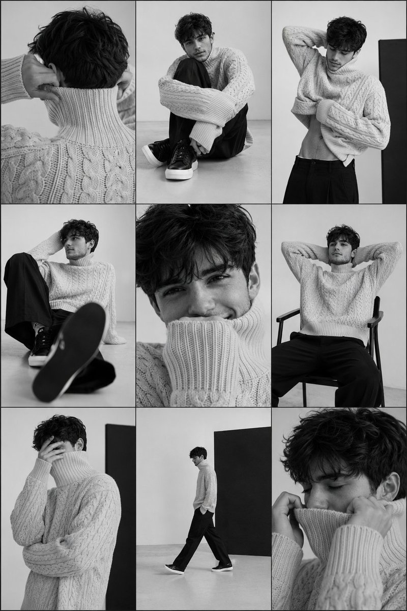 A nine-frame grid of one young man in an oversized cream cable knit sweater, shot in quiet, candid poses against a seamless white studio. The monochrome…