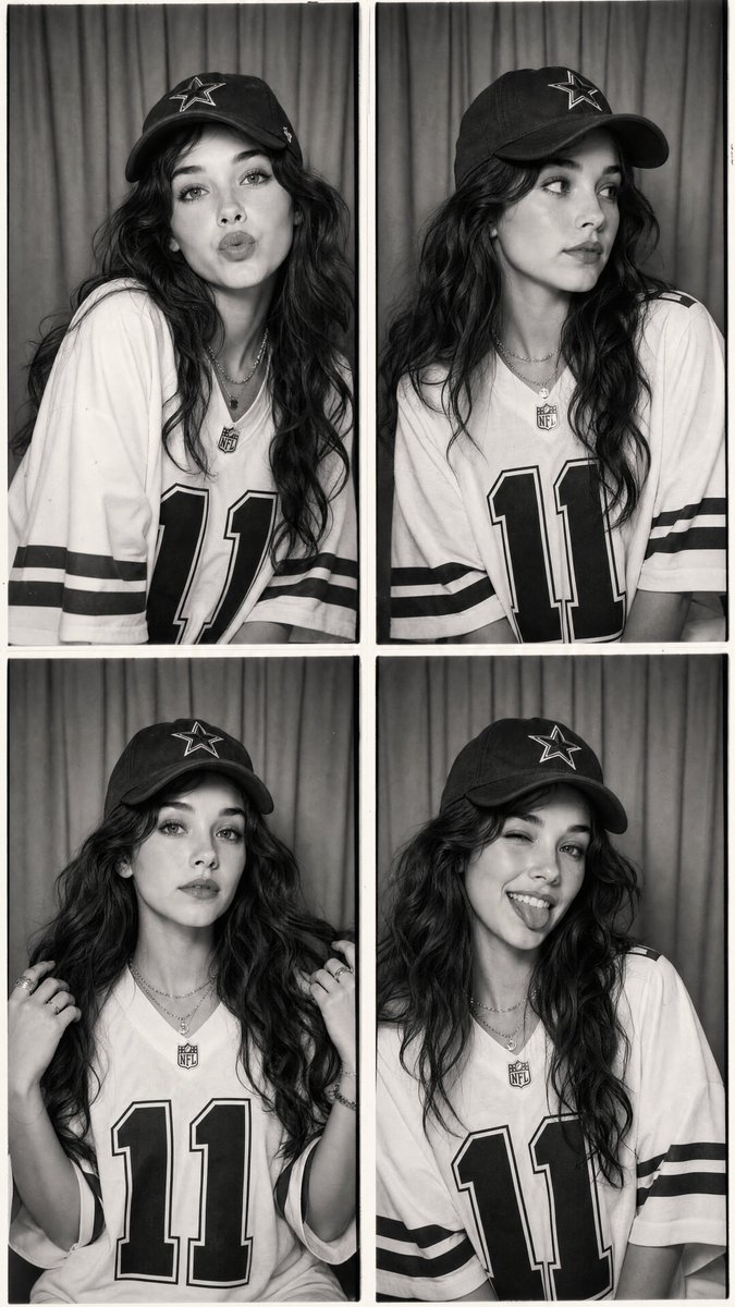 A 2x2 strip of four candid black-and-white frames, each with a different pose, shot against the same curtain backdrop. Film grain and photo booth imperfections…